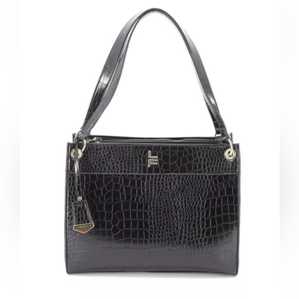 NWT London Fog Brielle Satchel Bag 3-Sections Black Vegan Leather Shoulder Bag